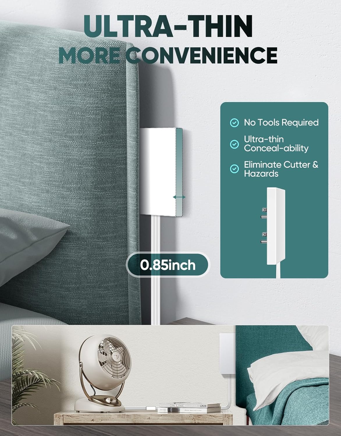 Outlet Concealer Power Strip-Outlet Cover Extender with 3AC Outlets-10ft Flat Plug Extension Cord,Universal Size,1625W for Kitchen, Home and Office,Child & Pet Safe(10 Foot)