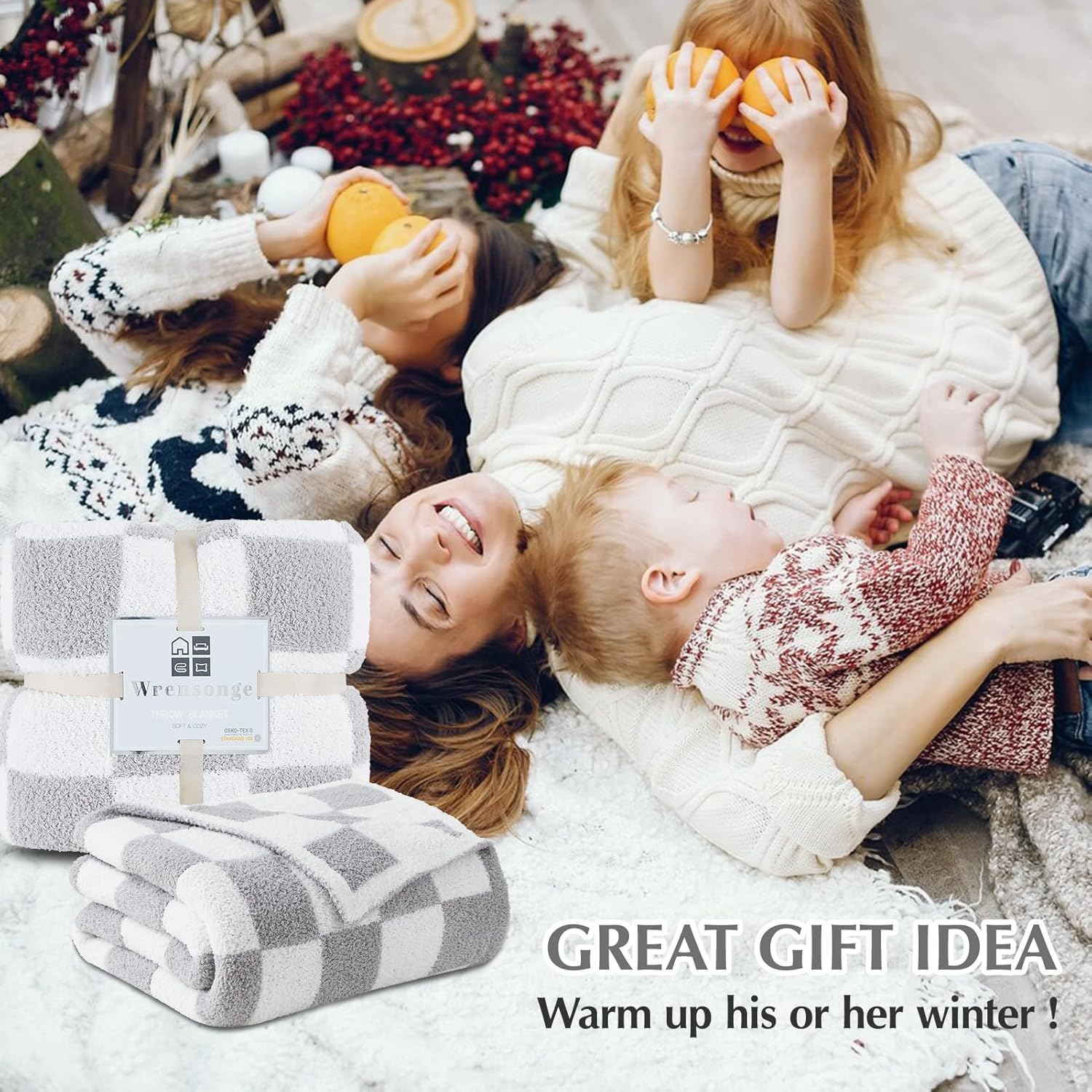 WRENSONGE Checkered Throw Blanket, Light Grey Soft Cozy Fluffy Warm Hand Made Throw Blankets for