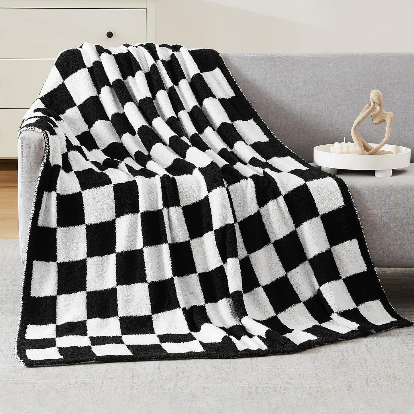 WRENSONGE Checkered Throw Blanket, Black and White Soft Cozy Fluffy Warm Hand Made Throw Blankets