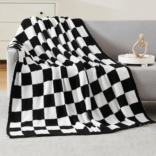 WRENSONGE Checkered Throw Blanket, Black and White Soft Cozy Fluffy Warm Hand Made Throw Blankets