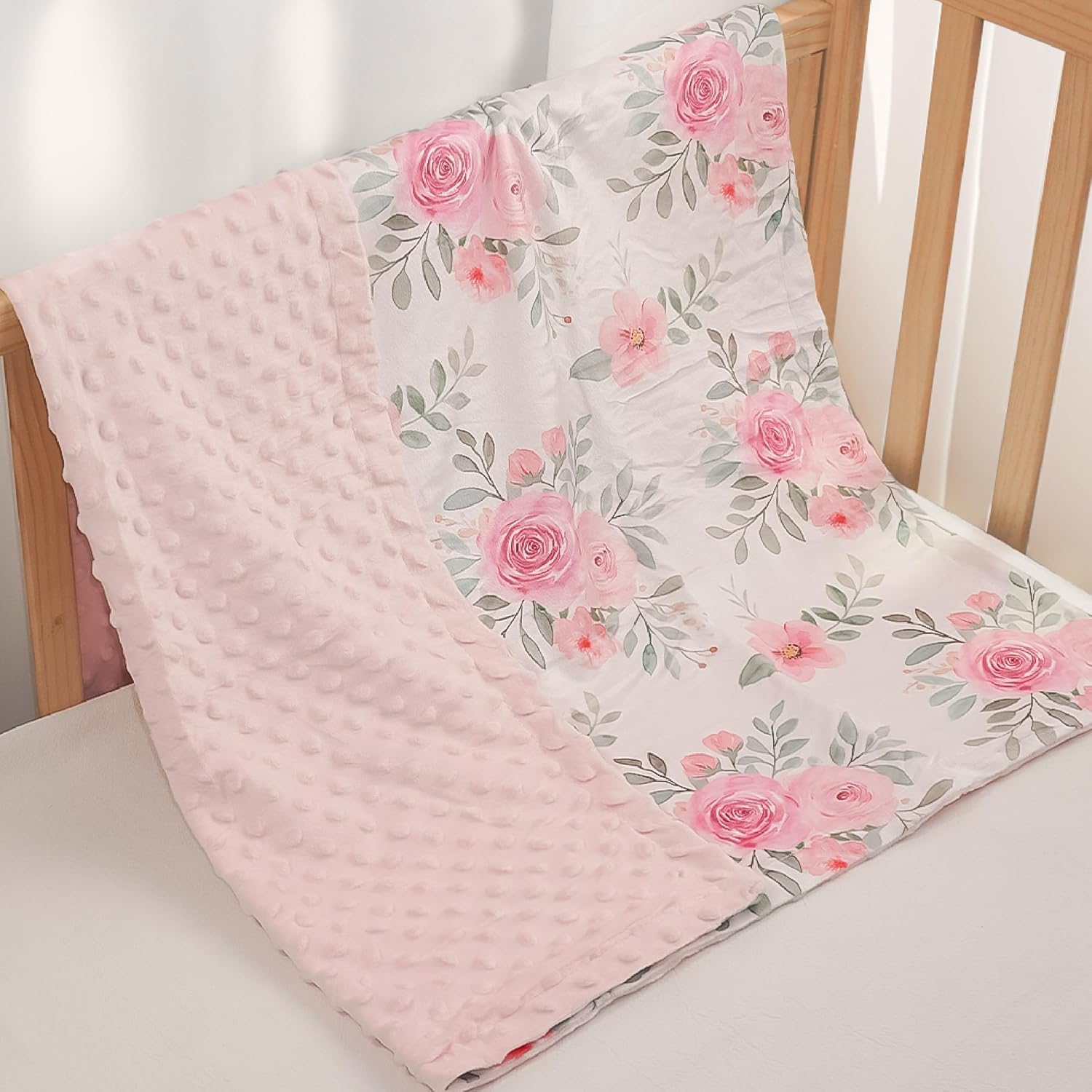Floral Minky Baby Blanket 30 x 40 Inches for Girls, Soft Plush Receiving Blanket with Dotted Back