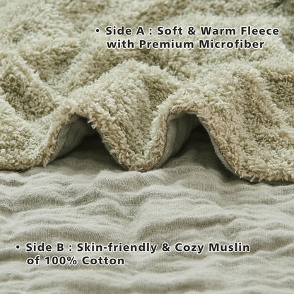 EMME Muslin and Fleece Throw Blanket Reversible - 50"*60" Sage Green Soft Warm Throw Blankets for Couch Bed Picnic Travel Bed