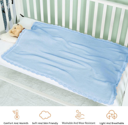 100% Cotton Baby Blanket Knit Lace Soft Warm Toddler Blanket,30 x 40 Inches，Sky Blue