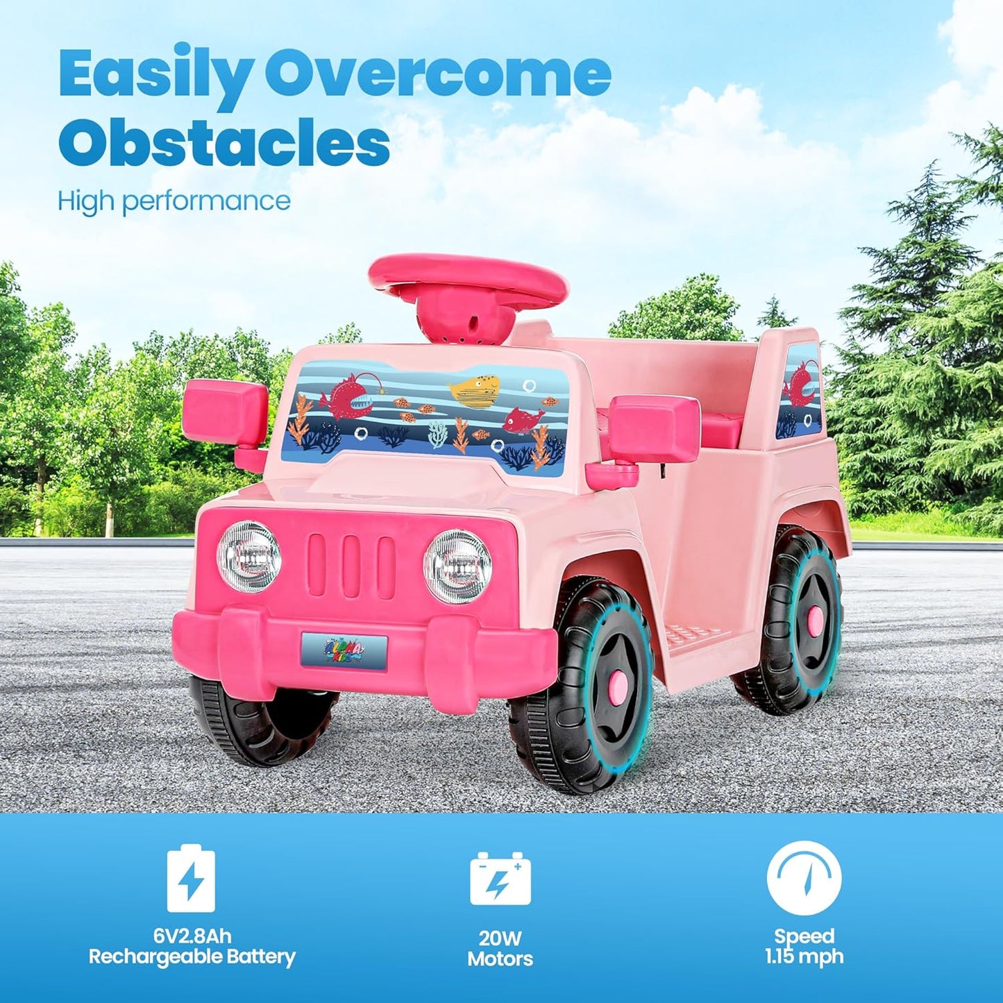 6V Toddler Ride On Car Interactive Electric Car with Horn LED Front Light Rear Storage Ocean Theme Perfect for Boys & Girls 18+ Months Safe Fun and Exciting for Little Explorers(Pink Ocean)