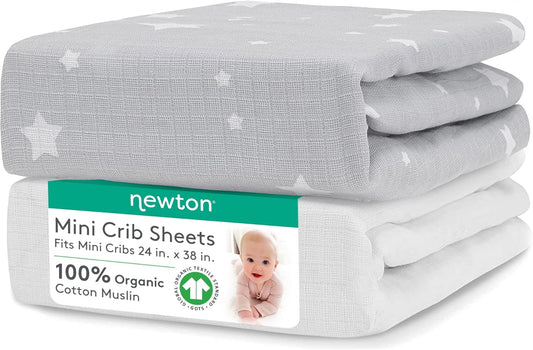 Newton Baby Fitted Mini Crib Sheets (2-Pack) | Organic Muslin Cotton, Breathable & Soft Baby