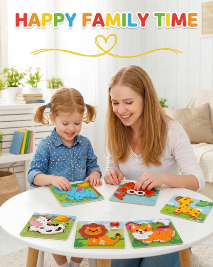 YUNCHY Wooden Puzzles for Toddlers 1-3, 6pcs Animal Jigsaw Puzzles for Toddlers, Montessori