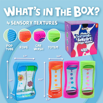 BUNMO Liquid Motion Bubbler with Sensory Texture - Liquid Timer - Bubble Timer - Liquid Motion Sensory Toys for Autism, Calming & Sensory Exploration - Kid Sensory Bottles Tubes - Large 4 Pack