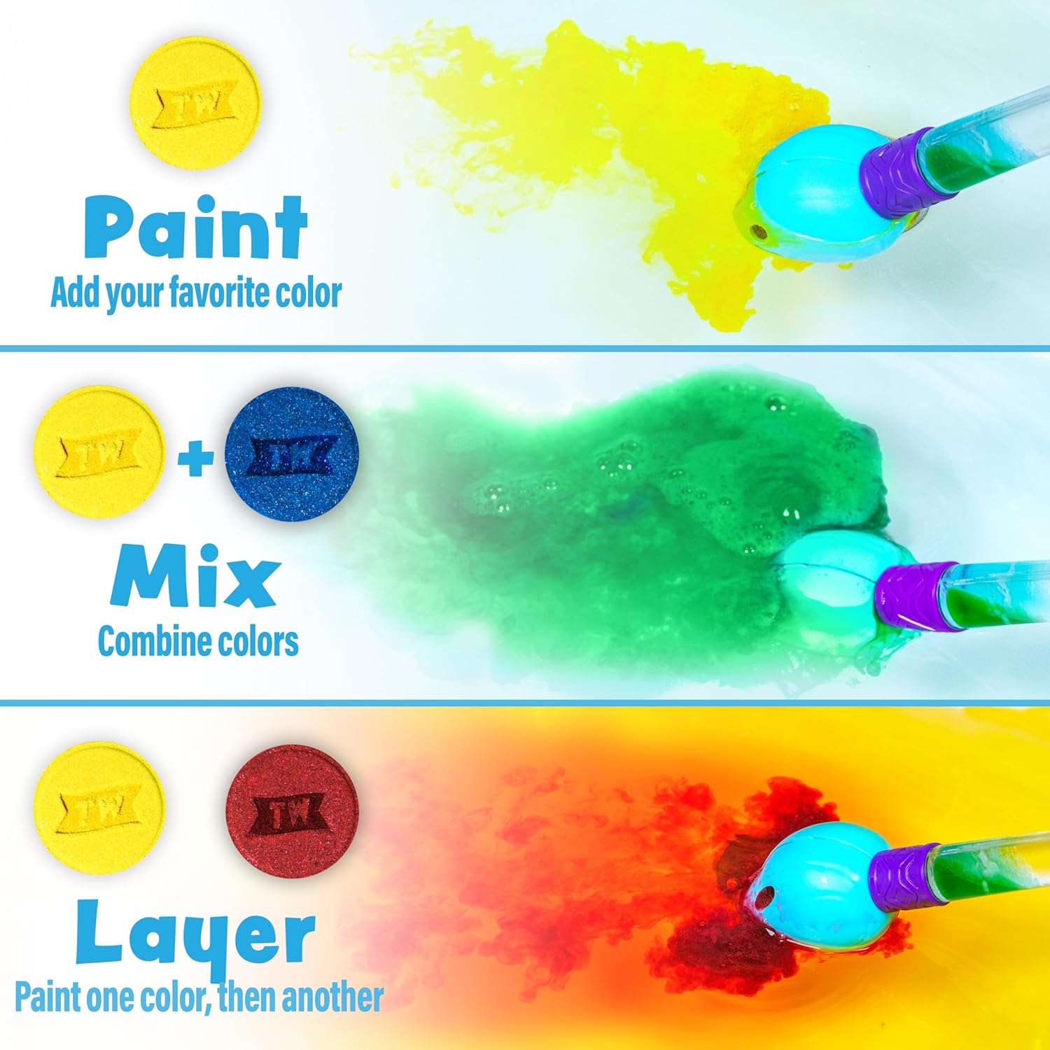 Tub Works® Bath Color Brush™ Kids Bath Bomb Set | Nontoxic & Fragrance-Free | Use Brush to Paint
