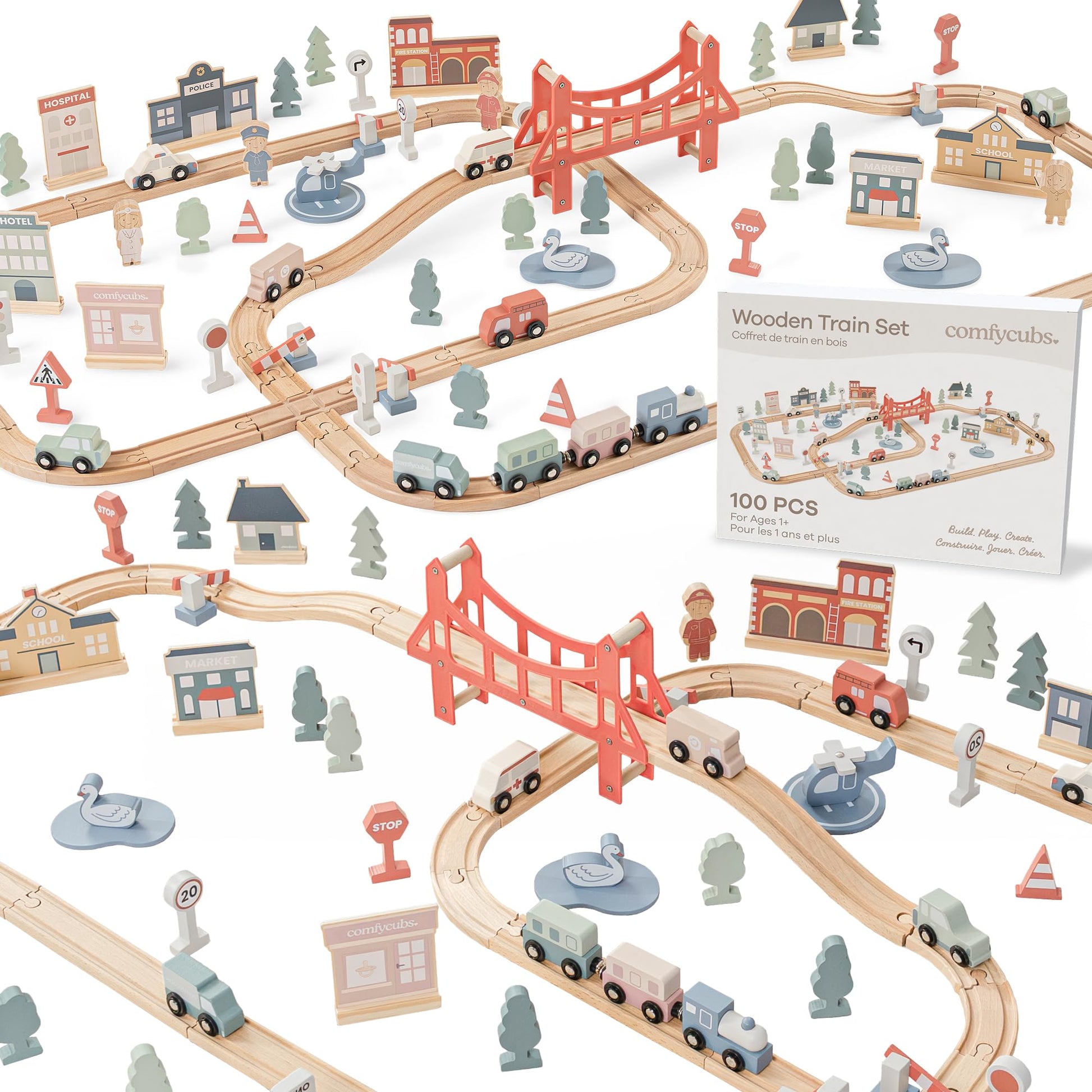 Comfy Cubs 100-Piece Wooden Train Set for Toddlers Ages 1+, Fun & Eco Friendly Toddler Train Set
