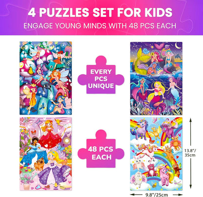 QUOKKA Puzzles for Toddlers 3-5 – 4 x 48 Pieces Puzzles for Kids Ages 3-4 – 12 Toy Learning Vert Girls for 4-6 – Jigsaw Game for Boy and Girl 3-5-7 Year Old