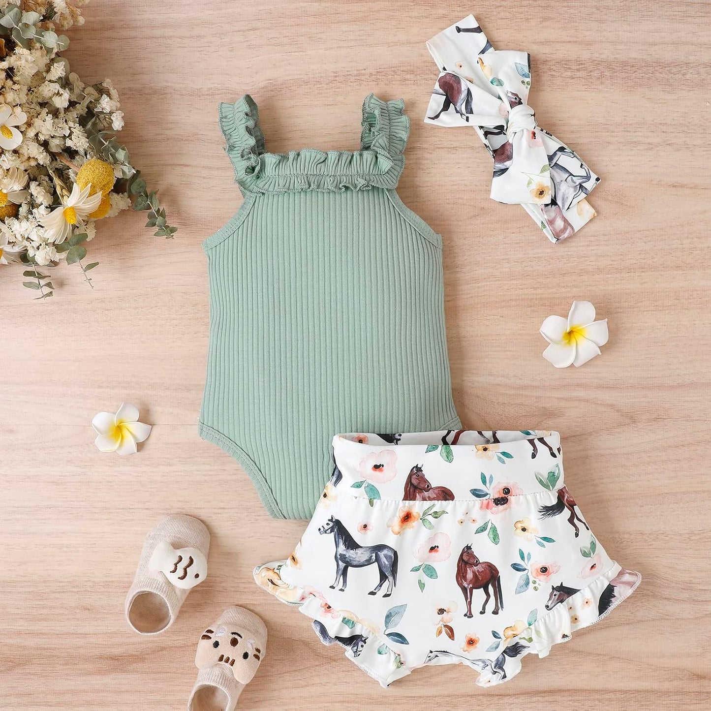 fhutpw Baby Girl Clothes Summer Cute Outfits 3 6 12 18 Months Spaghetti Strap Romper & Floarl Shorts Sets