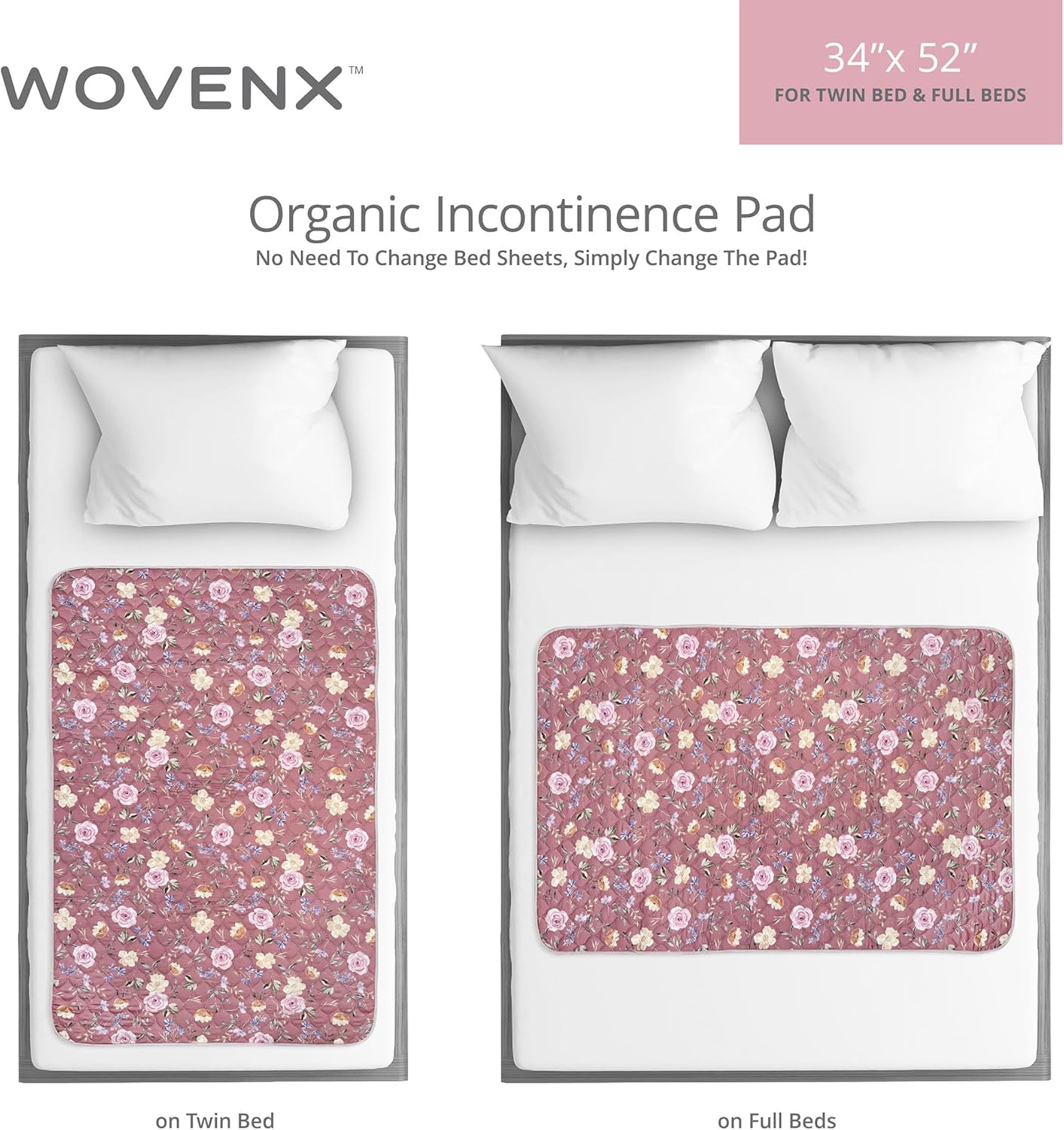 Organic Incontinence Pad for Period - Waterproof Protectors - Reusable Washable Pee Pad - Fits Twin