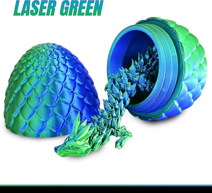 3D Printed Dragon in Egg, Full Articulated Dragon Crystal Dragon with Dragon Egg, Home Office Decor Executive Desk Toys, Adults Fidget Toys for Autism/ADHD, 12 Inches (Laser Green)