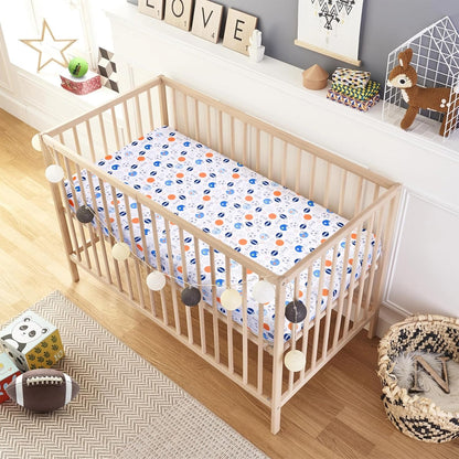 Crib Sheet - 1 Pack Sports Theme Nursery Bedding Sheet - Footballs Printed Standard Size Infant Bed