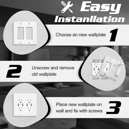 Decorator Wall Plate Double Gang Light Switch Plate Outlet Cover,Unbreakable Polycarbonate Thermoplastic, White (4-Pack, Double Decorator-White)