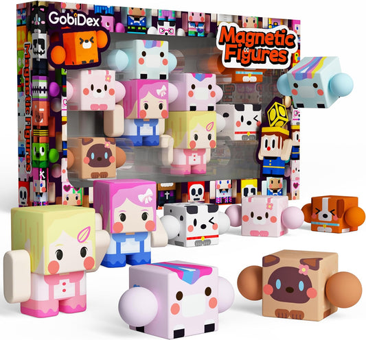 GobiDex 8PCS Magnetic Figures Playset Rotatable Animal & Character Toys for Kids, Toddlers Sensory Pretend Play Travel Toys Compatible with Magnet Blocks