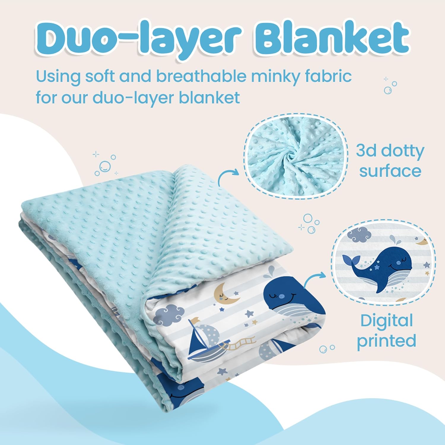 Whale Kid Blanket for Boys or Girl 30x40 - Soft Kids Throw Minky Blankets with Dotted Backing
