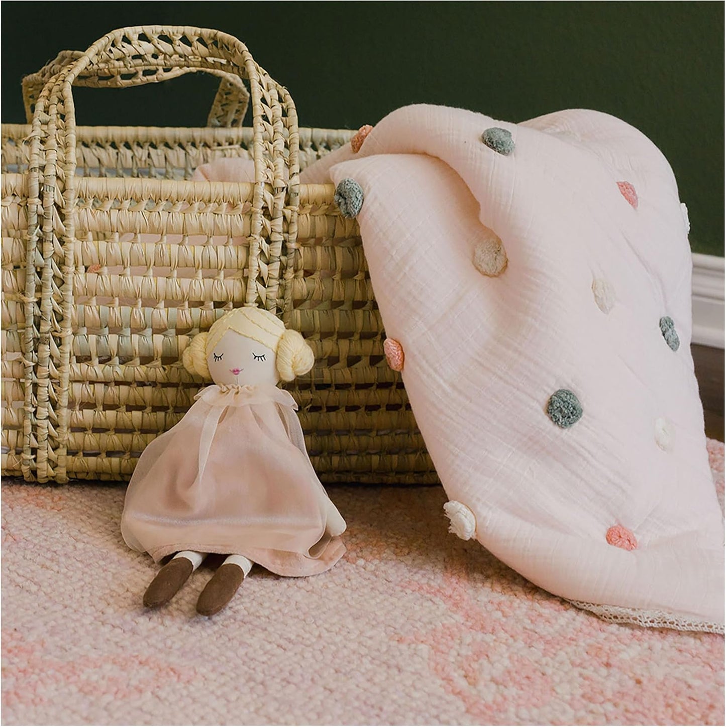 Crane Baby Soft Cotton Muslin Nursery Blanket with Pom Pom Trim, 36" X 36", Stroller Blanket for