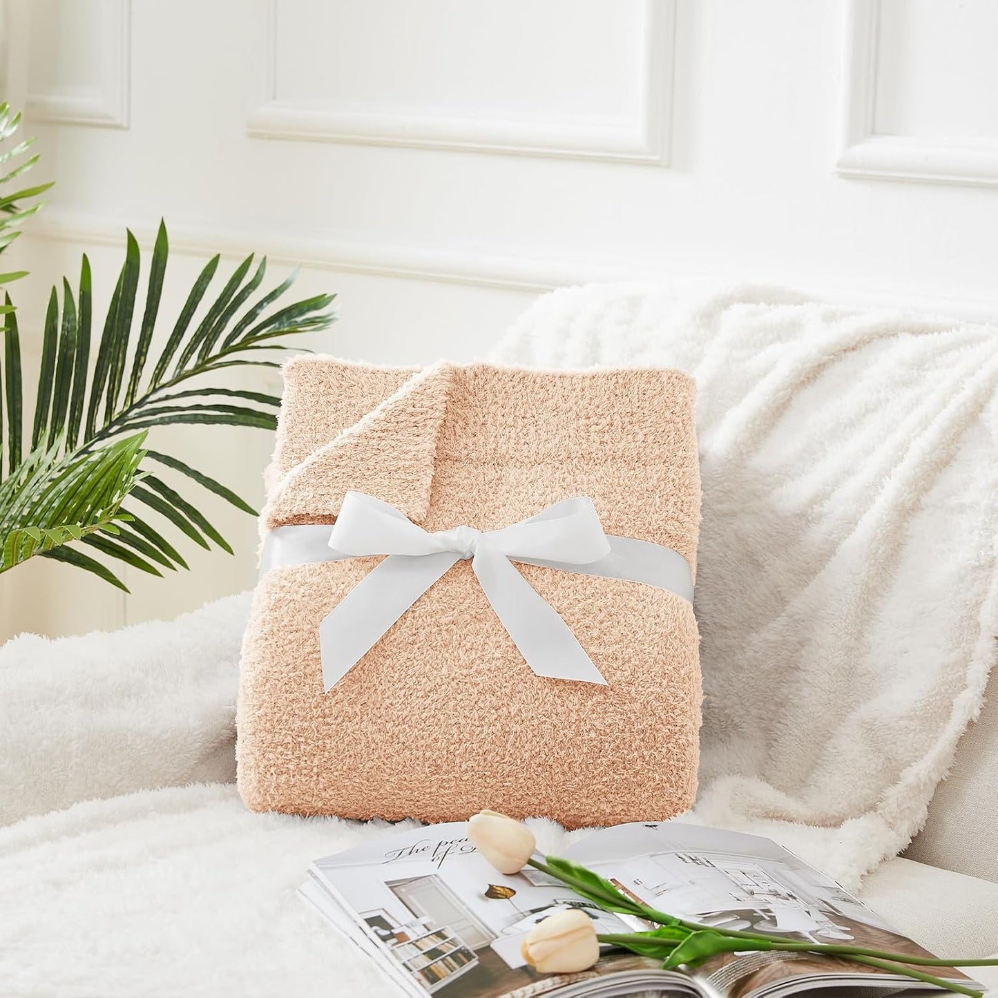 CYMULA Knit Throw Blanket for Peach Pink - Super Soft Lightweight Plush Fuzzy Fluffy Cozy Blankets
