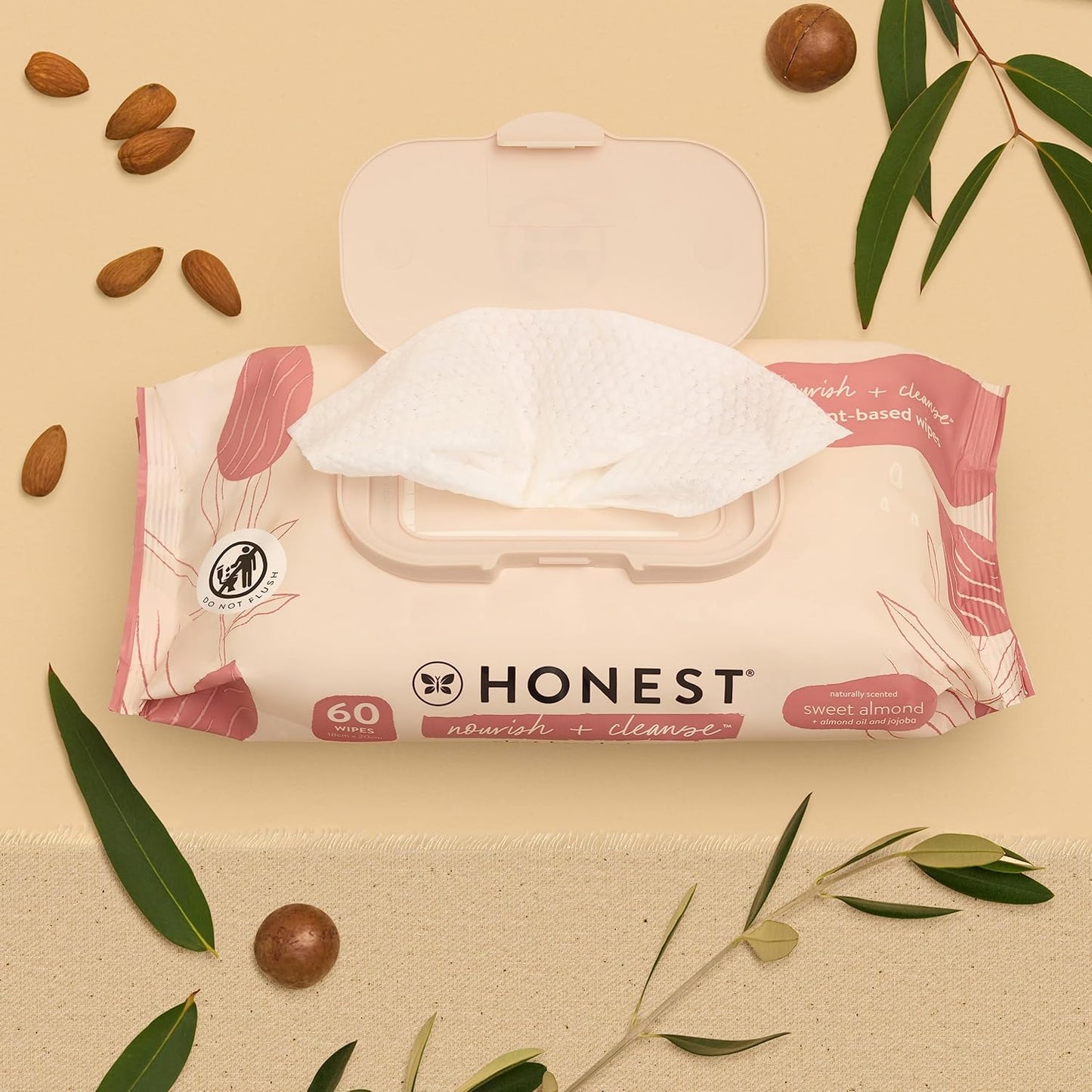 The Honest Company Nourish + Cleanse Naturally Scented Wipes | Cleansing Multi-Tasking Wipes | 99% Water, Plant Based, Hypoallergenic | Sweet Almond, 60 Count