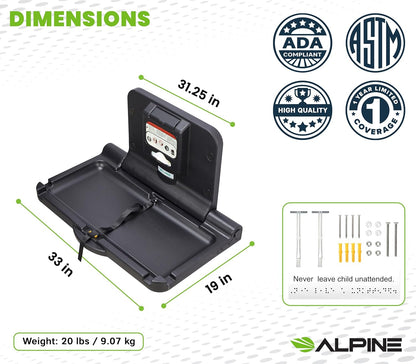 Alpine Wall Mounted Baby Changing Station - Horizontal Baby Changing Table Foldable Diaper Tables with Safety Strap for Commercial Bathroom, ADA Complaint (Hardware Included) Black