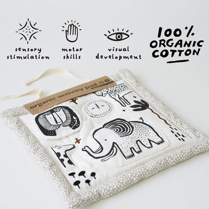 Wee Gallery Safari Activity Pad Organic Baby Play Mat with Sensory Toys, High Contrast Newborn Essentials Soft Tummy Time Mat for Babies 0-12 Months, Visual and Motor Skill Development Toy