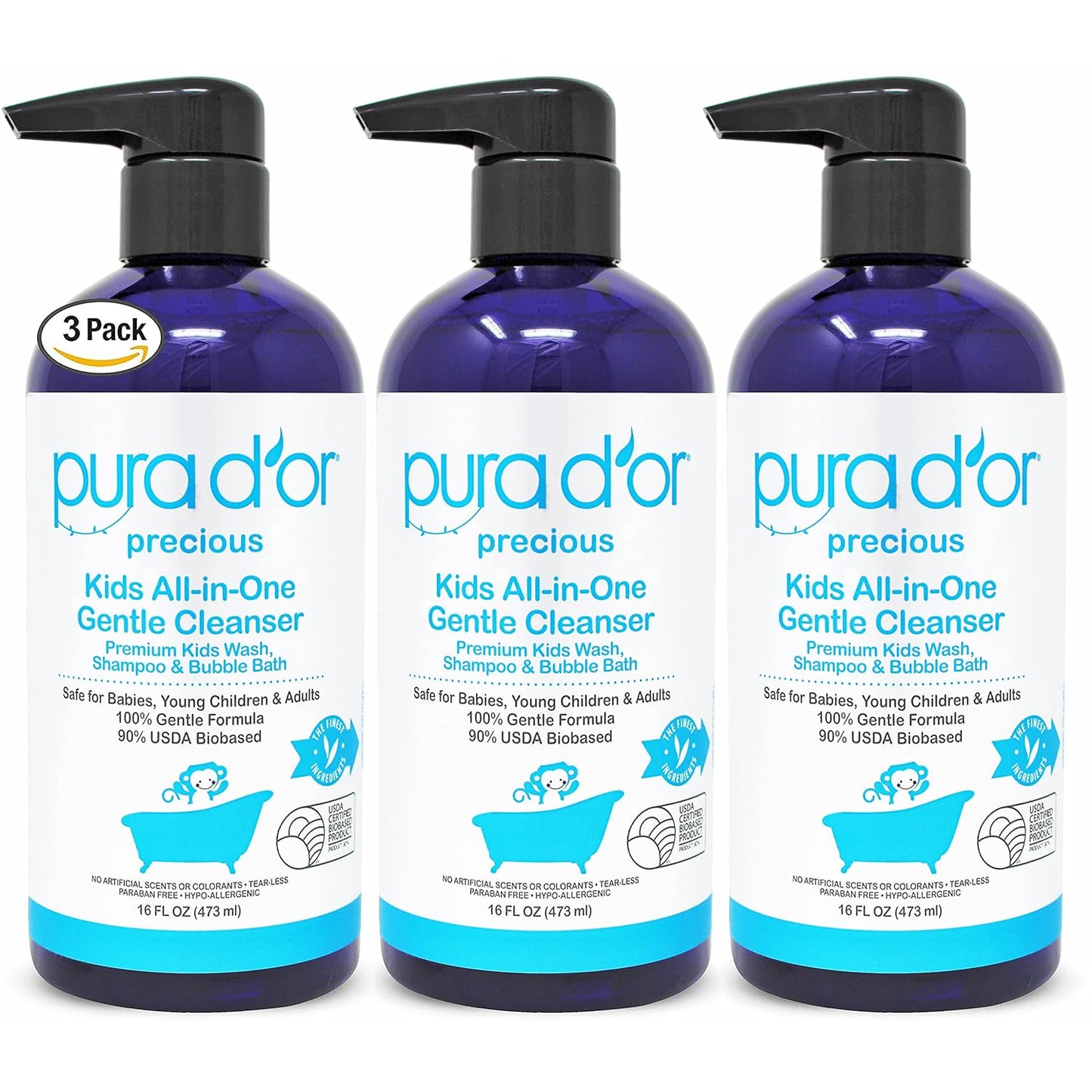 PURA D'OR Kids Wash (16oz x 3 = 48oz) All-in-One Gentle Cleanser - USDA Biobased, Sulfate-Free