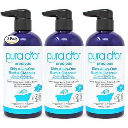 PURA D'OR Kids Wash (16oz x 3 = 48oz) All-in-One Gentle Cleanser - USDA Biobased, Sulfate-Free