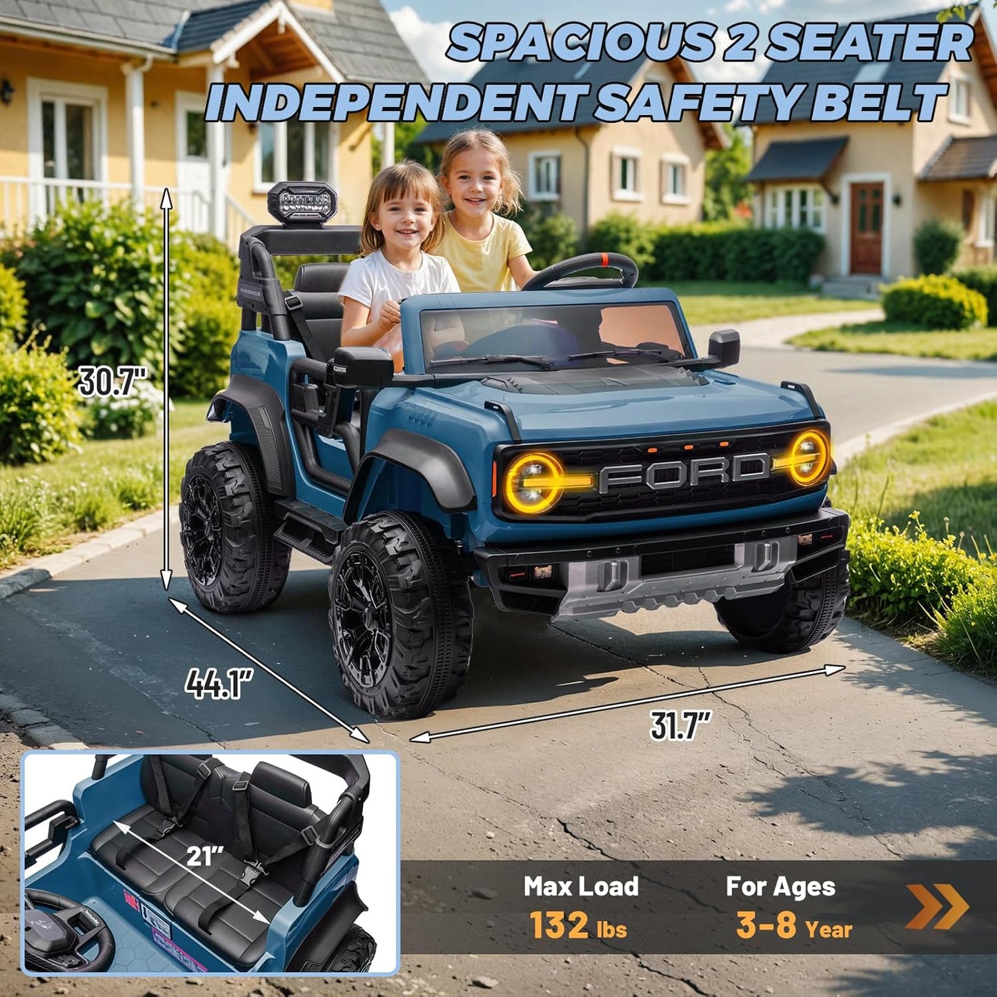 ENYOPRO 2 Seater Ride On Car for Kids, 24v Licensed Ford Bronco Raptor Electric Power Ride On Truck Toy with Remote Control, 4 Wheels Shock Absorption, Soft Start, Bluetooth, Radio, 3 Speed - Blue
