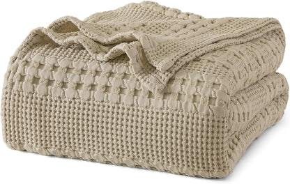 PHF 100% Cotton Waffle Weave Blanket Queen Size, Soft Lightweight Breathable Cozy Summer Blankets for Bed, Luxury Aesthetic Woven Bedding for Home Decor, 90"x90", Khaki