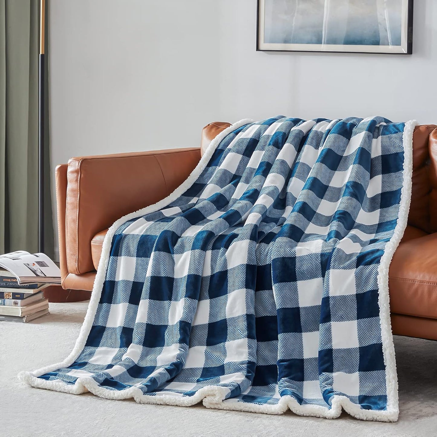 Touchat Sherpa Plaid Twin Blanket 60" X 70", Fuzzy Fluffy Soft Cozy Throw Blanket, Twin Size Plush Fleece Flannel Plush Microfiber Blanket for Couch Bed Sofa (Navy)