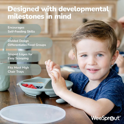 WeeSprout Silicone Divided Plates (No Lids), 100% Food Grade Silicone Divided Plates for Toddlers & Kids, Dishwasher & Microwave Safe