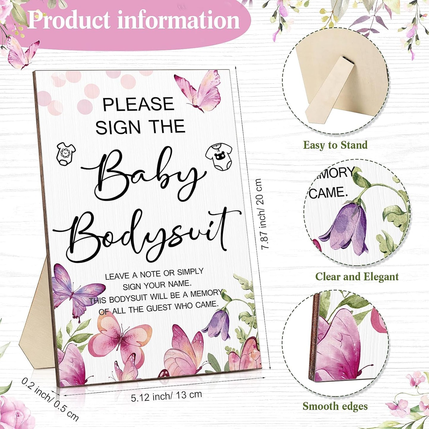 Qunclay 12 Pcs Baby Bodysuit Baby Shower Game Include 1 Game Wooden Sign Tabletop Decor 1 White Blank Newborn Bodysuit 10 Fabric Marker for Gender Reveal Party(Butterfly)