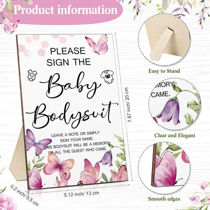 Qunclay 12 Pcs Baby Bodysuit Baby Shower Game Include 1 Game Wooden Sign Tabletop Decor 1 White Blank Newborn Bodysuit 10 Fabric Marker for Gender Reveal Party(Butterfly)