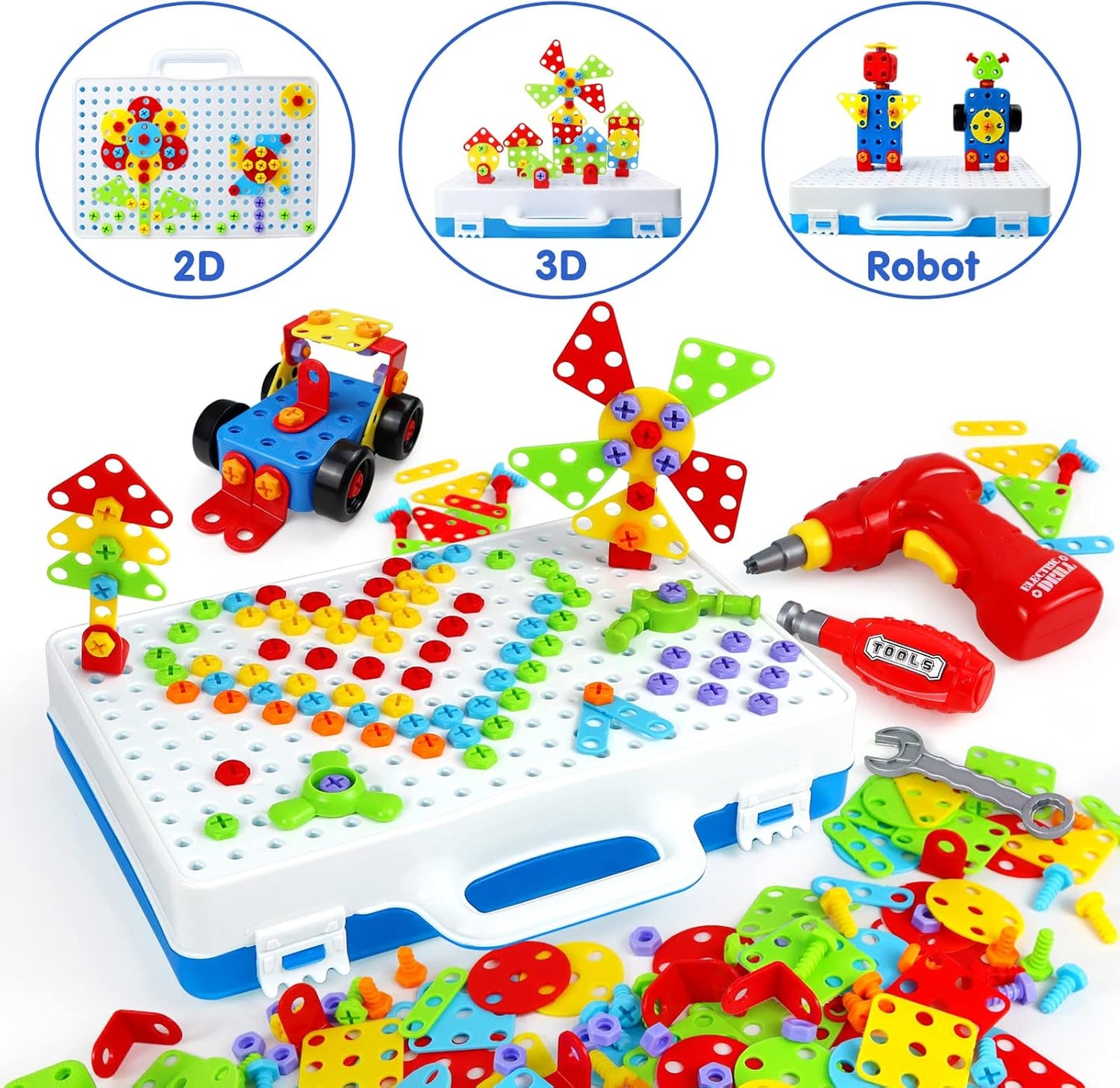 STEM Toys for 3 5 7 Year Old Boys Kids, 232 Pcs Kids Drill Set Building Blocks, DIY Educational Construction Engineering Toys, Creative Mosaic Electric Drill Set Gift for Kid Boys Girls Age 3-8 Years