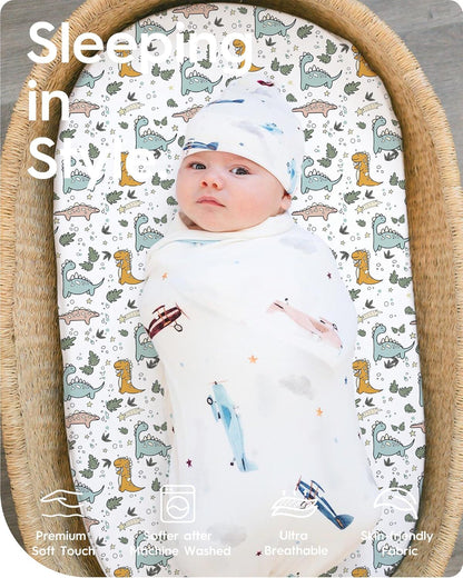 Bassinet Sheets for Baby Boy Girl, TotBasic Buttery Soft Universal Bassinet Fitted Sheet, Compatible with Halo, Mika Micky, Baby Delight, Dream On Me, Maxi COSI and More Bassinet Mattress(Dino&Puppy)