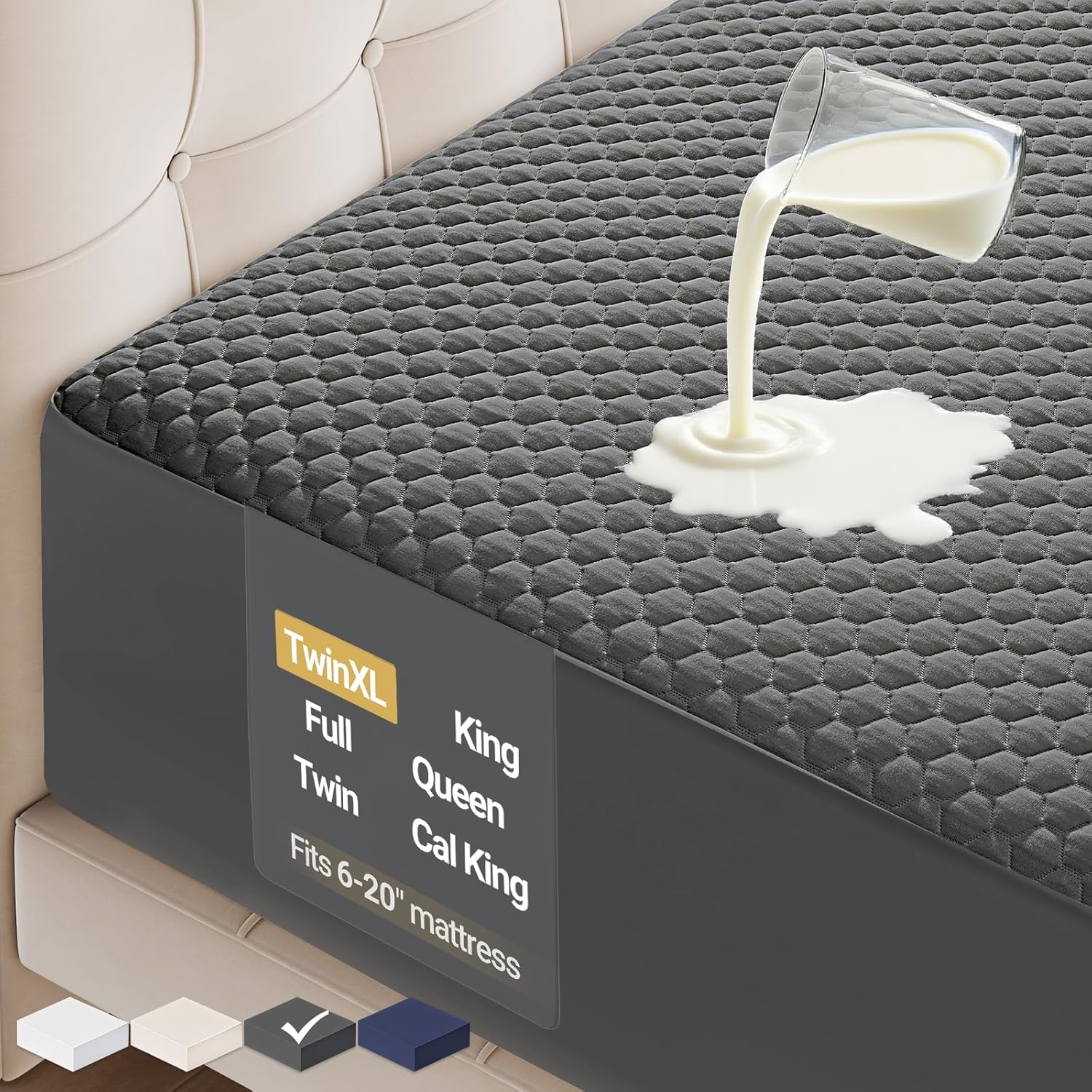 OhGeni 100% Waterproof Mattress Protector, Twin XL-Gray Size Mattress Pad, Fits 6"-20" Mattresses
