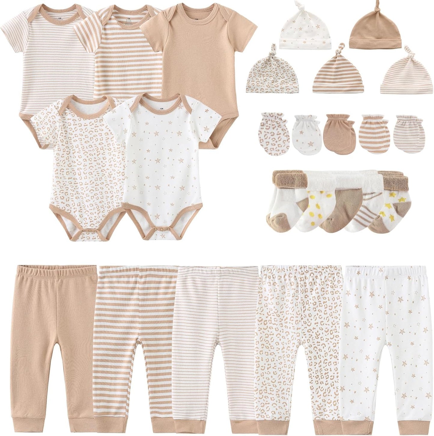 Newborn Layette Gift Set Bodysuits Pants for Baby Girl and Boy 24 Piece 100% Cotton Essentials and Accessories