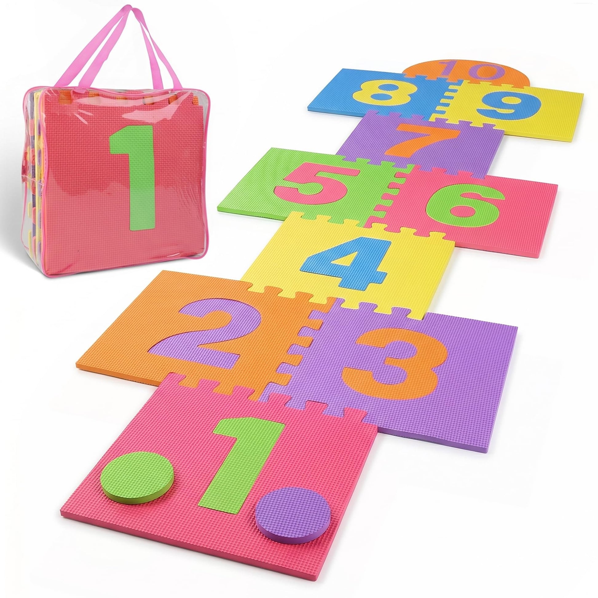 Hopscotch Playmat Foam Interlocking Puzzle Floor Mat - 10 Large Number Tiles (12" by 12" Square