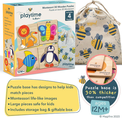 MAGIFIRE Toddler Puzzles Wooden Set of 4-4-Pack Multicolor Wood Animal Shapes with Storage Bag & Giftable Box - Wooden Puzzles for Toddlers 1-3 - Shape Recognition & Fine Motor Skills