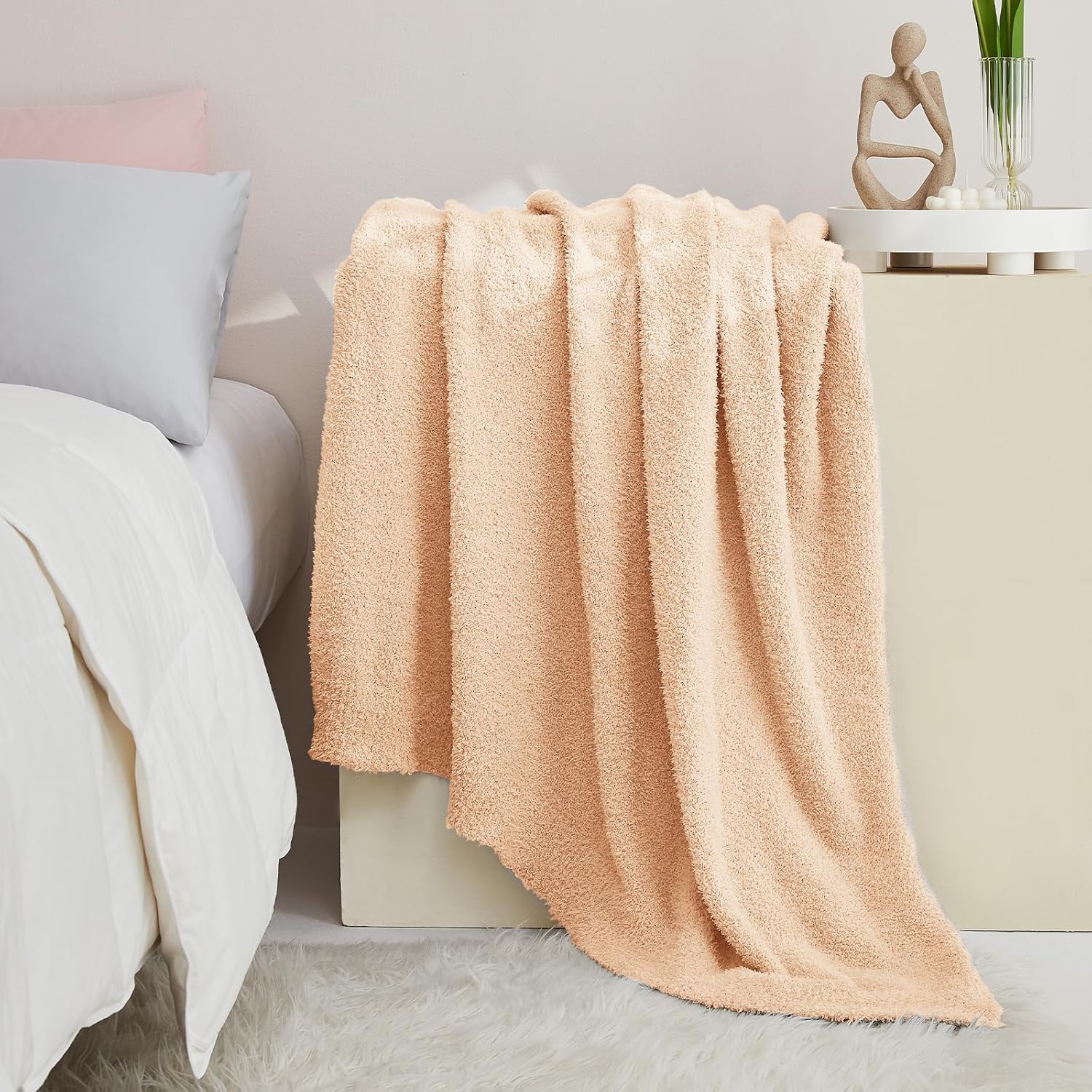 CYMULA Knit Throw Blanket for Peach Pink - Super Soft Lightweight Plush Fuzzy Fluffy Cozy Blankets