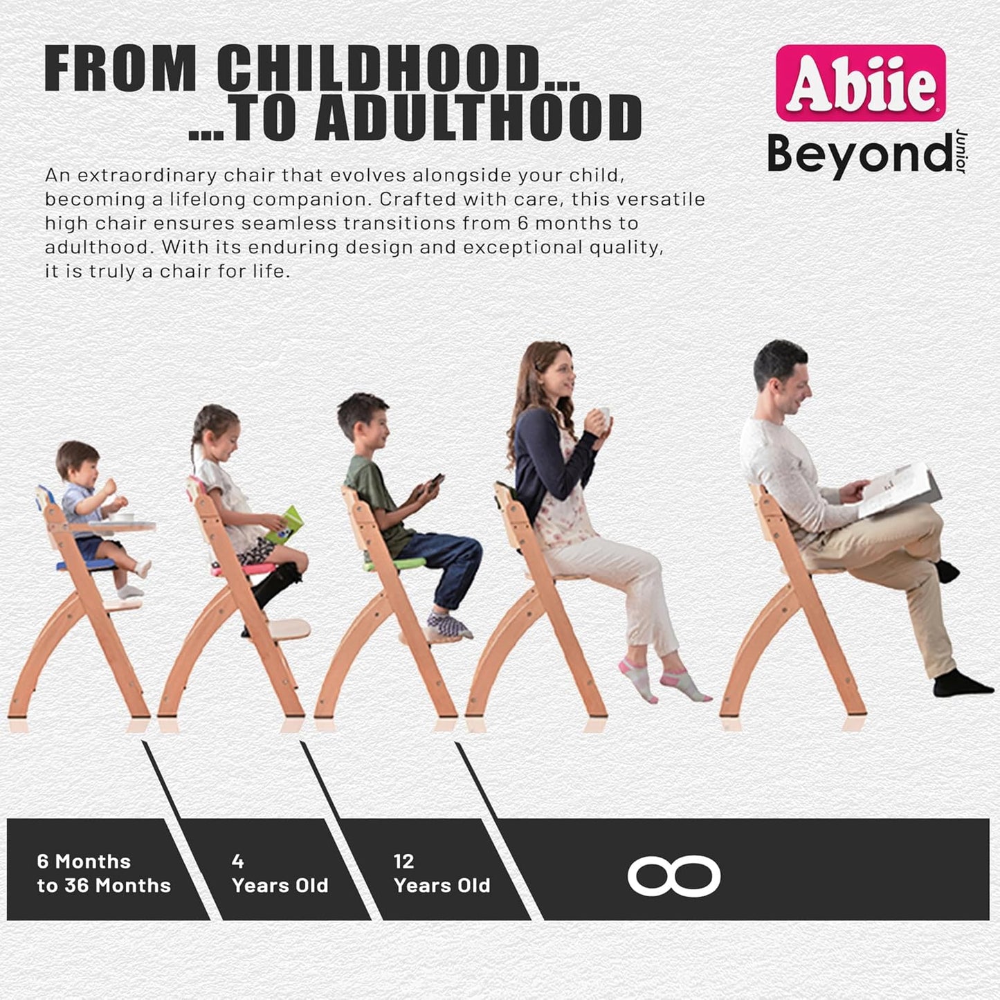 Abiie Beyond Junior Wooden High Chair with Tray - Adjustable and Convertible High Chair for Babies