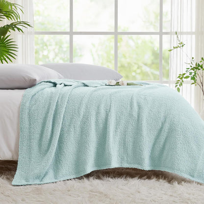CYMULA Knit Throw Blanket for Couch Sky Blue - Super Soft Lightweight Plush Fuzzy Fluffy Cozy