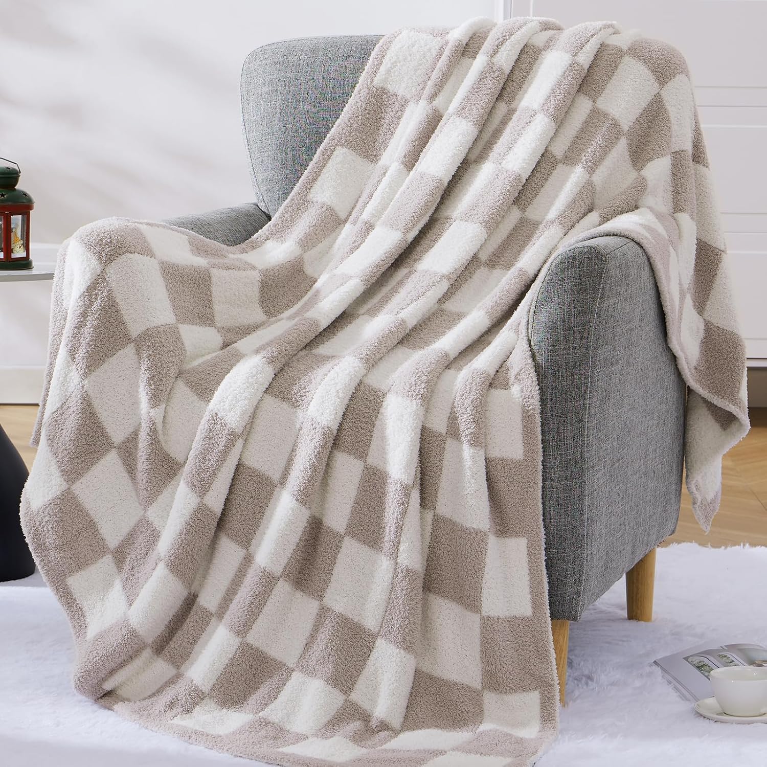 WRENSONGE Checkered Throw Blanket, Taupe Soft Cozy Fluffy Warm Hand Made Throw Blankets for Couch