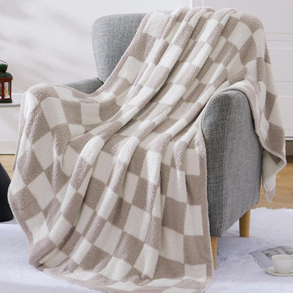 WRENSONGE Checkered Throw Blanket, Taupe Soft Cozy Fluffy Warm Hand Made Throw Blankets for Couch