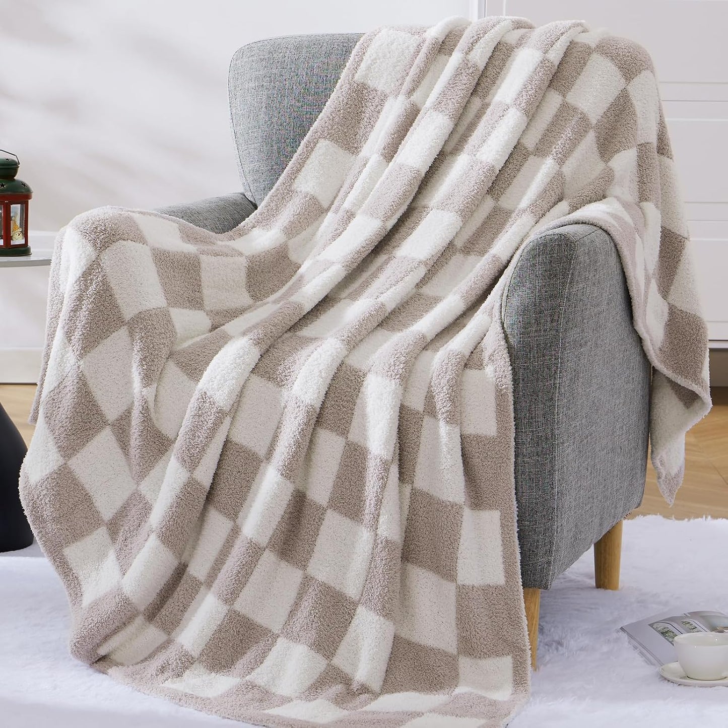 WRENSONGE Checkered Throw Blanket, Taupe Soft Cozy Fluffy Warm Hand Made Throw Blankets for Couch