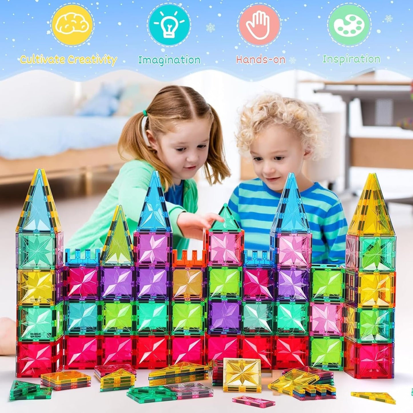 Magnetic Tiles,100PCS Star Magnetic Building Blocks Toy for Ages 3 4 5 6 7 8 9,Magnetic Tiles for Toddlers Gifts,Montessori Toys,STEM Toys Christmas Toy Gift for Kids Boys and Girls