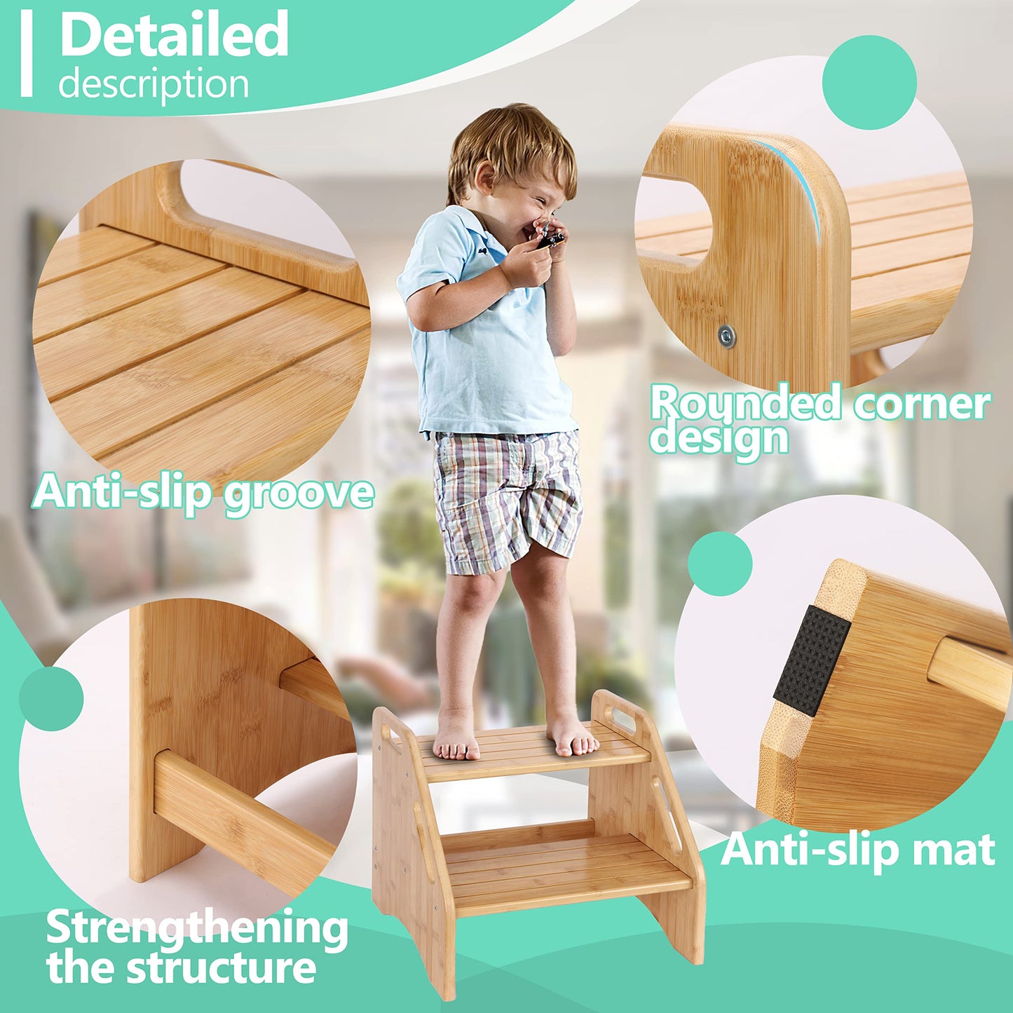 AMBIRD Wooden Step Stool, Two Step Stools Toddler 300 lbs Capacity with Safety Non-Slip Pads and