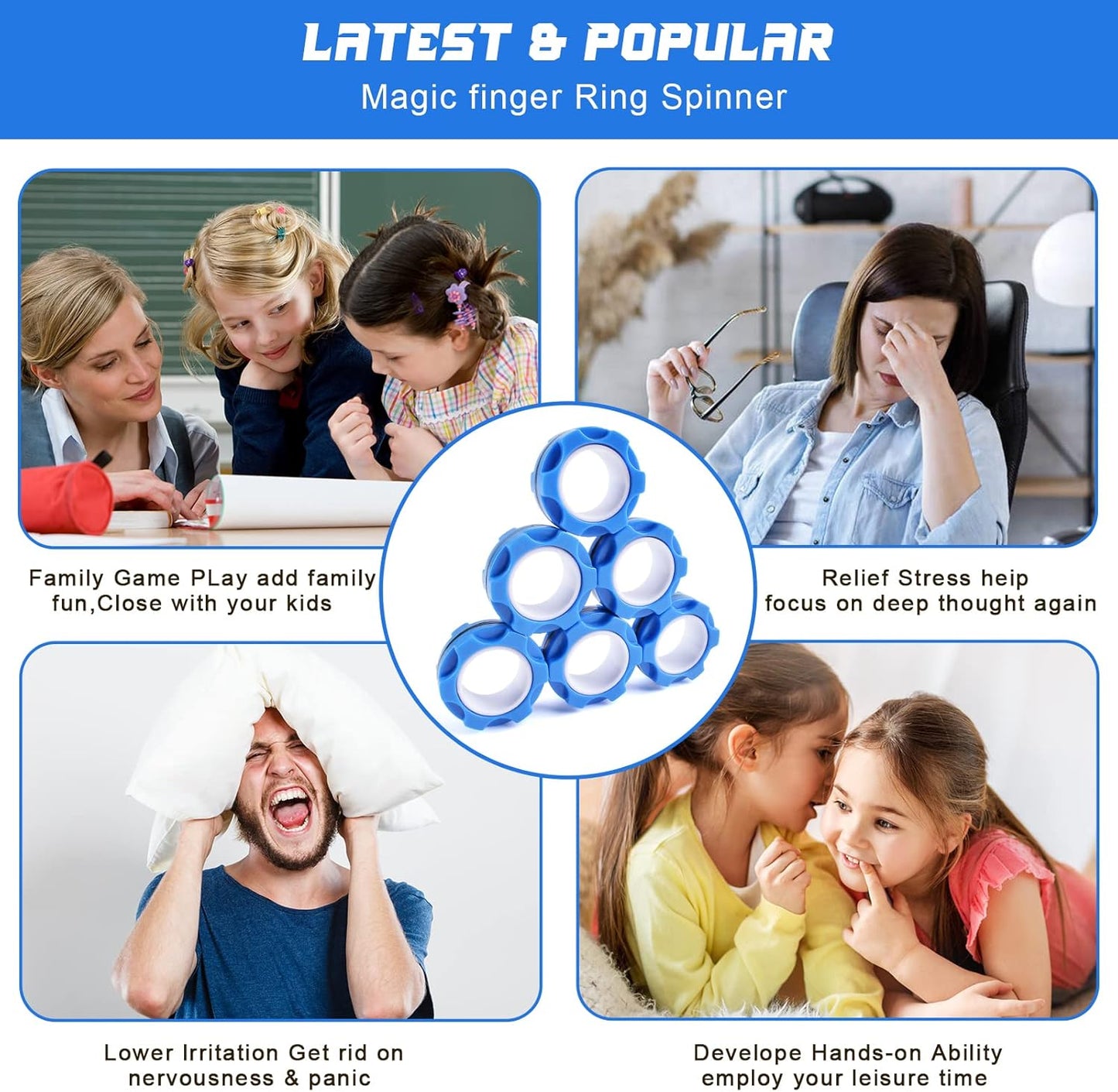 6PCS Magnetic Rings, Colorful Magnetic Ring Fidget Toys, ADHD Anxiety Relief Decompression Finger Magnetic Ring,Funny Gifts Kids Magnetic Spinner Ring for Boys Girl