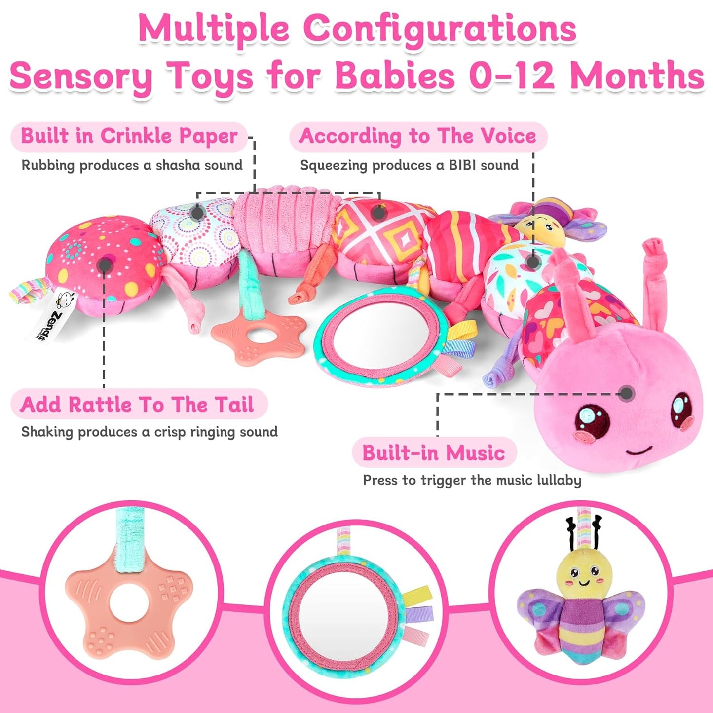 Baby Girls Toys 6-12 Months - Infant 6-in-1 Sensory Music Animal Stuffed Caterpillar Toy with Rattle & Mirror Crinkle for Tummy Time, Newborn 0 3 6 9 12 18 Shower Gifts Soothing Companion Toys, Pink